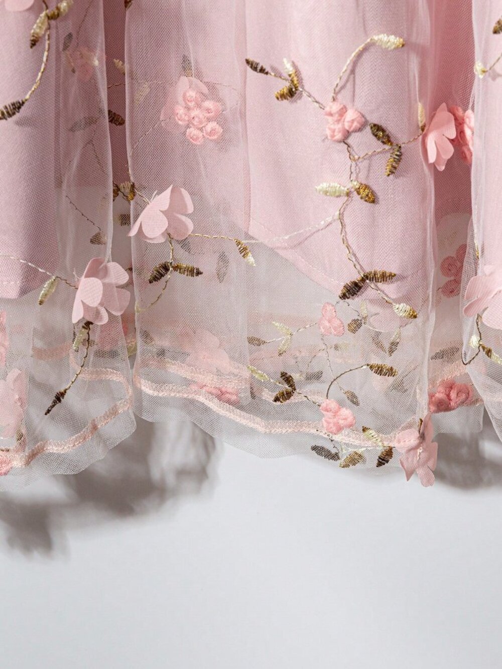 Pink Boho Women's Elegant Embroidered Mesh Floral Applique A-Line Skirt - Picture 3 of 5